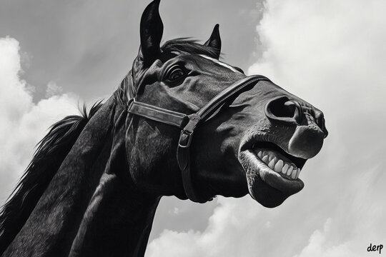 Horse making a &ldquo;derp&rdquo; face with its mouth hanging open and teeth showing