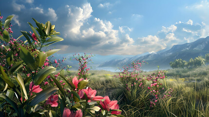 Vibrant flowers in a serene landscape with mountains and a lake under a blue sky