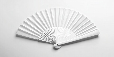 Elegant white paper fan with glossy surface, gracefully folding towards the left, showcasing its delicate, smooth blades in an artistic array