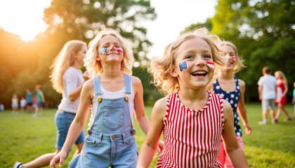 Smiling kids with American flag face paint, joyful celebration.