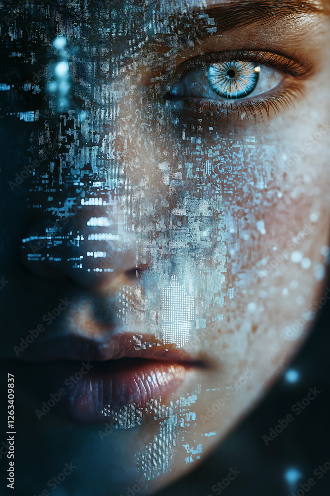 Poster a cinematic close-up of a human face with half of it revealing a digital grid and artificial pattern
