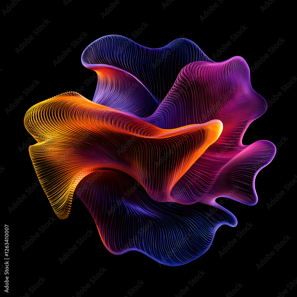 Poster abstract multicolored wavy figure on a black background. neon translucent shape in bright colors. ab