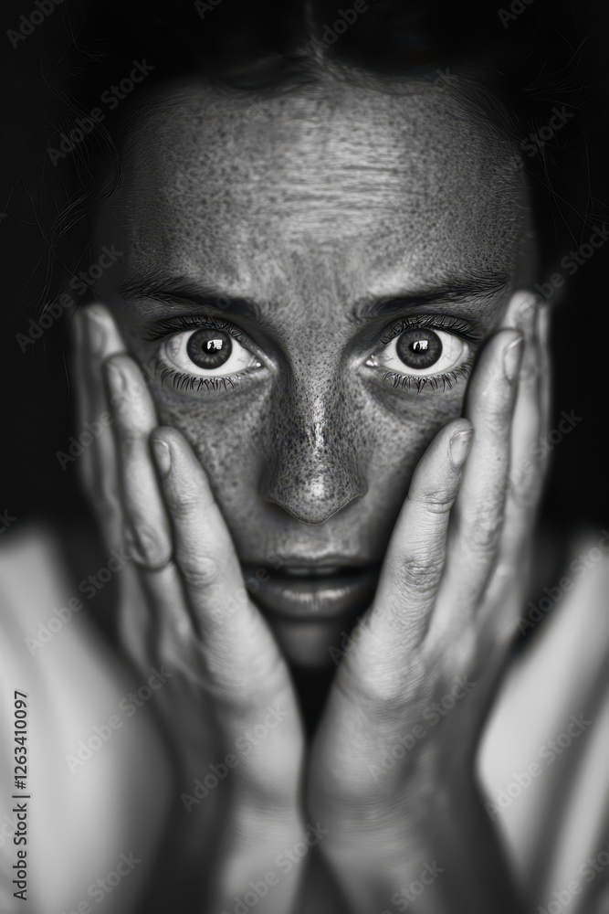 Poster intense portrait capturing the depth of fear and anxiety: a raw exploration of emotions and inner st