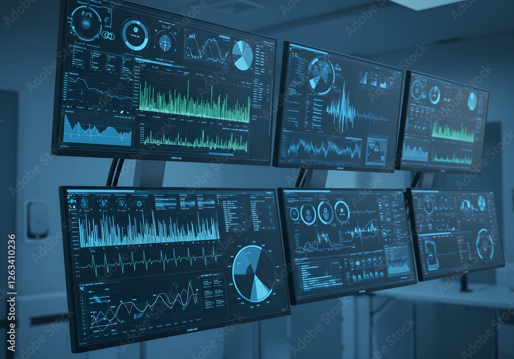 Poster futuristic medical laboratory command center with multiple screens displaying data analytics, patien
