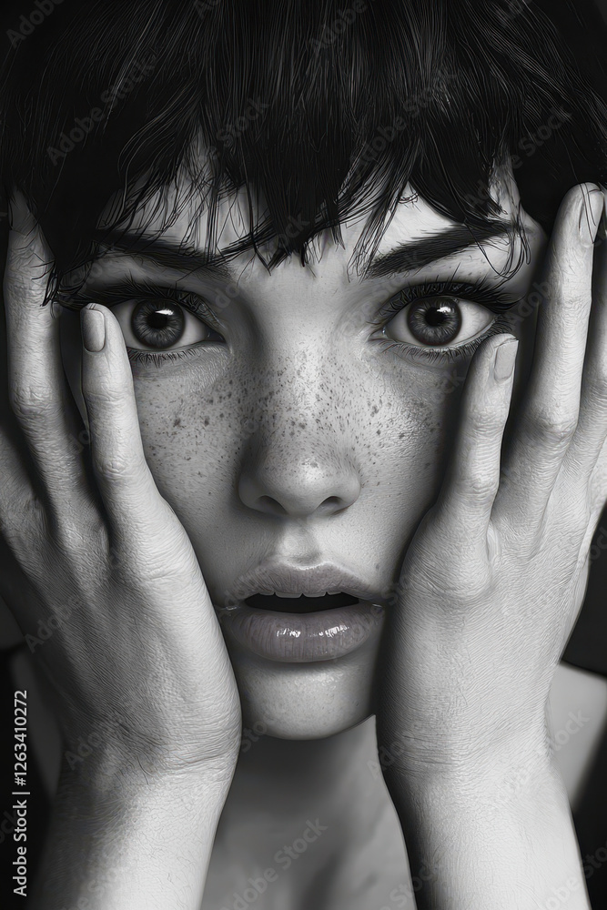 Poster emotional portrait depicting intense shock and vulnerability in a striking black and white compositi