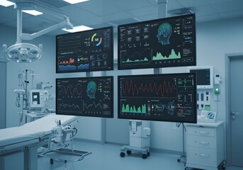 Advanced medical monitoring screens in high-tech operating room. Future healthcare technology for patient data analysis and surgical precision