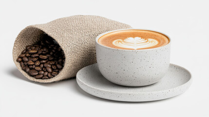 Coffee cup with latte art beside a burlap sack of roasted coffee beans on a light background for food and beverage lifestyle concepts