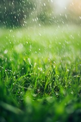 Rain-soaked grass, vibrant green, refreshing scene.
