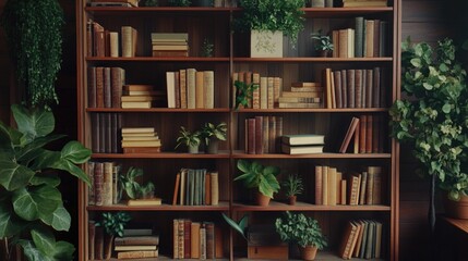 Bookshelf with books and plants