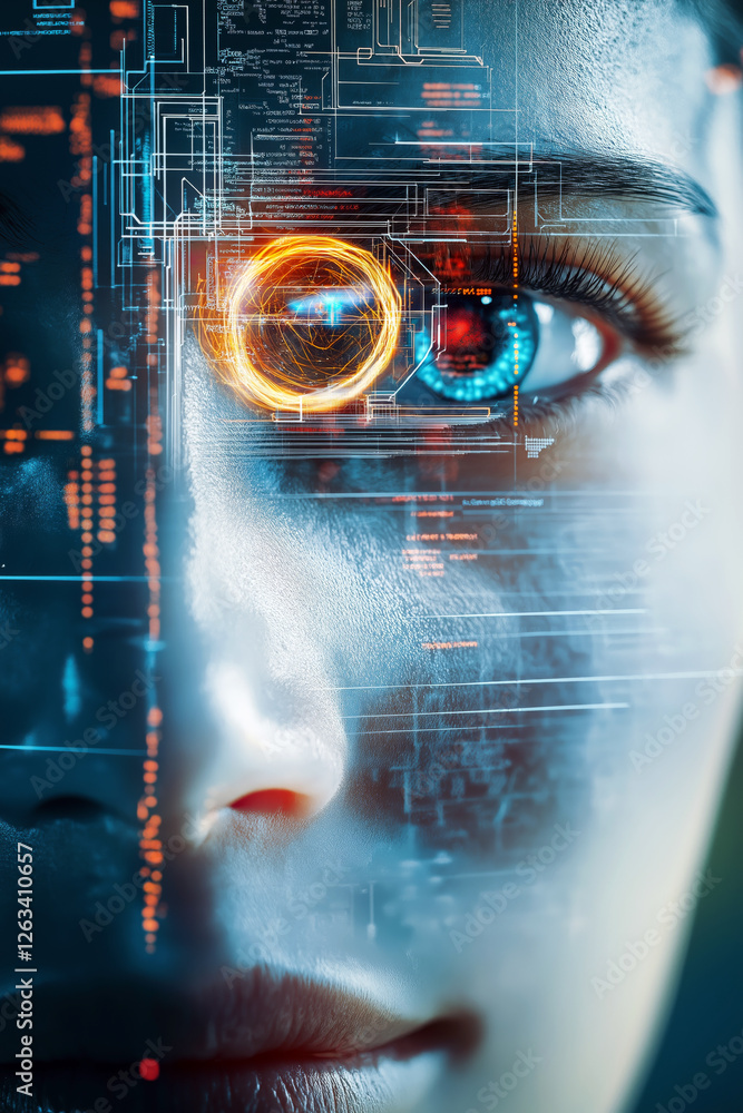 Poster a futuristic digital interface displaying layers of a human face being reconstructed through ai.