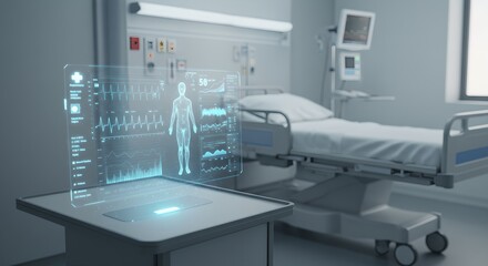 Futuristic hospital room with holographic patient data display. Advanced medical technology, digital health monitoring, and virtual diagnostics in modern healthcare setting