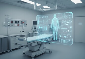 Futuristic medical room with holographic human body display. Advanced healthcare technology. Digital patient monitoring system in modern hospital setting.