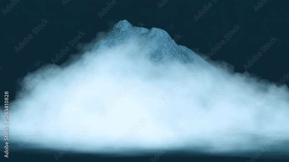 Poster mysterious island appearing through mist in twilight with ethereal atmosphere captured in low resolu