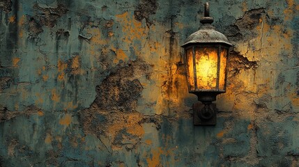 Glowing antique lamp on a weathered wall.