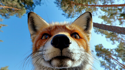 Obraz premium Close-Up View of a Fox in Natural Forest Setting with Tall Trees and Clear Blue Sky in Background Capturing the Beauty of Wildlife and Nature