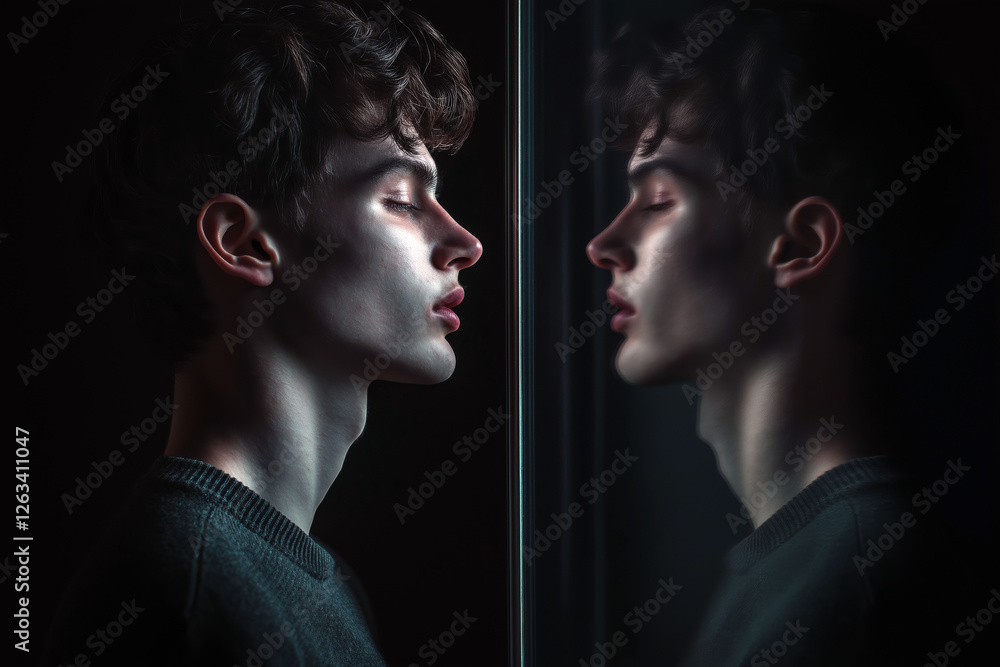 Poster a person standing in front of a mirror, their reflection showing a completely different face.