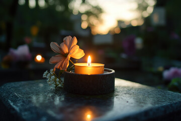 Grave marker with a small candle flickering in remembrance