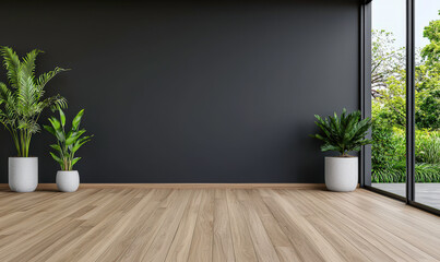Modern minimalist interior design featuring dark wall, wooden floor, large windows, and indoor plants creating a serene and bright atmosphere