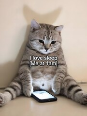 Cat Watching Phone Video with a Funny 'I Love Sleep' Meme