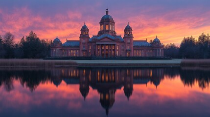 Obraz premium Majestic building reflected in tranquil lake at sunrise