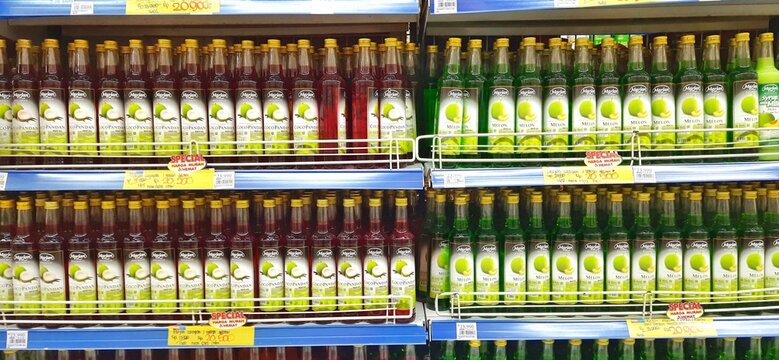 Various of a bottle marjan syrup flavours on the shelf in supermarket. Ramadan theme concept. Bekasi, West Java, Indonesia - February 13 2025