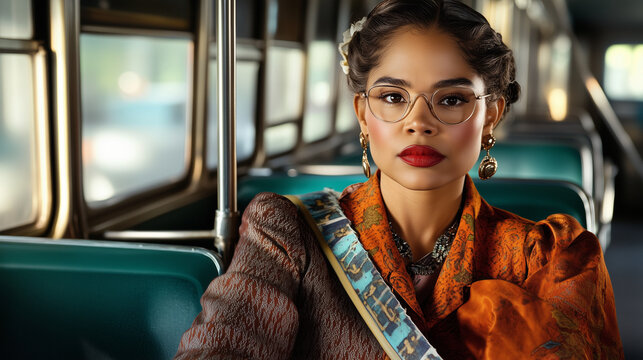 Young woman in vintage clothing sitting on a bus