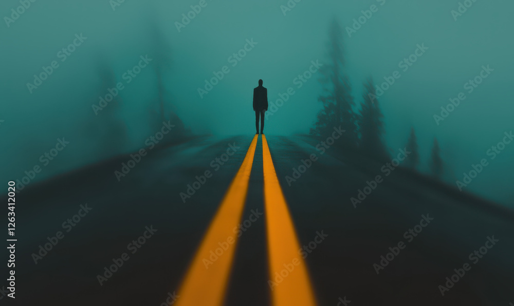 Poster a solitary figure on a misty road: exploring themes of isolation, reflection, and the journey within