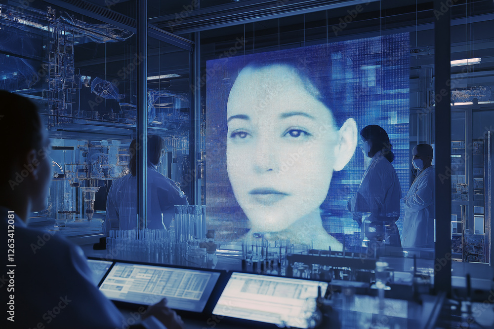 Poster high-tech lab environment with a holographic face projection being manipulated by scientists.