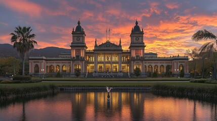 Fototapeta premium Majestic building at sunrise, reflecting in a pond, with hills and trees in background