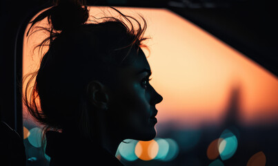 Explore the Captivating Silhouette of a Young Woman Against a Twilight Cityscape, Evoking a Sense of Serenity and Contemplation Amid Urban Beauty and Vibrant Sunset Colors