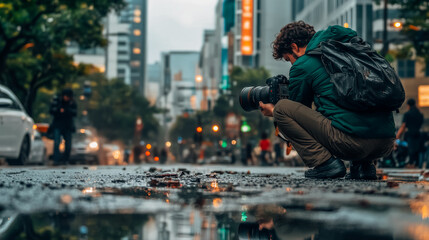Obraz premium Urban photography adventure: male photographer crouching in a vibrant city street scene