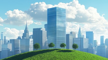 Obraz premium Green hill, city skyline, bright day, eco-friendly urban landscape, sustainable future