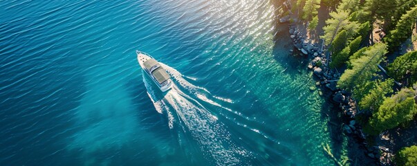Fototapeta premium A boat is in the water with the water being blue