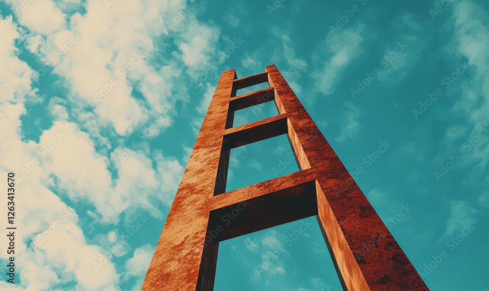 Poster explore the unique architectural design of a towering structure against a vivid sky: a fusion of mod