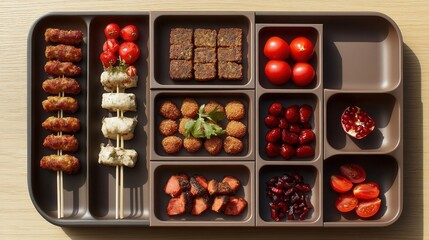 Culinary Art of Skewered Delights and Fresh Produce in Stylish Bento Arrangement