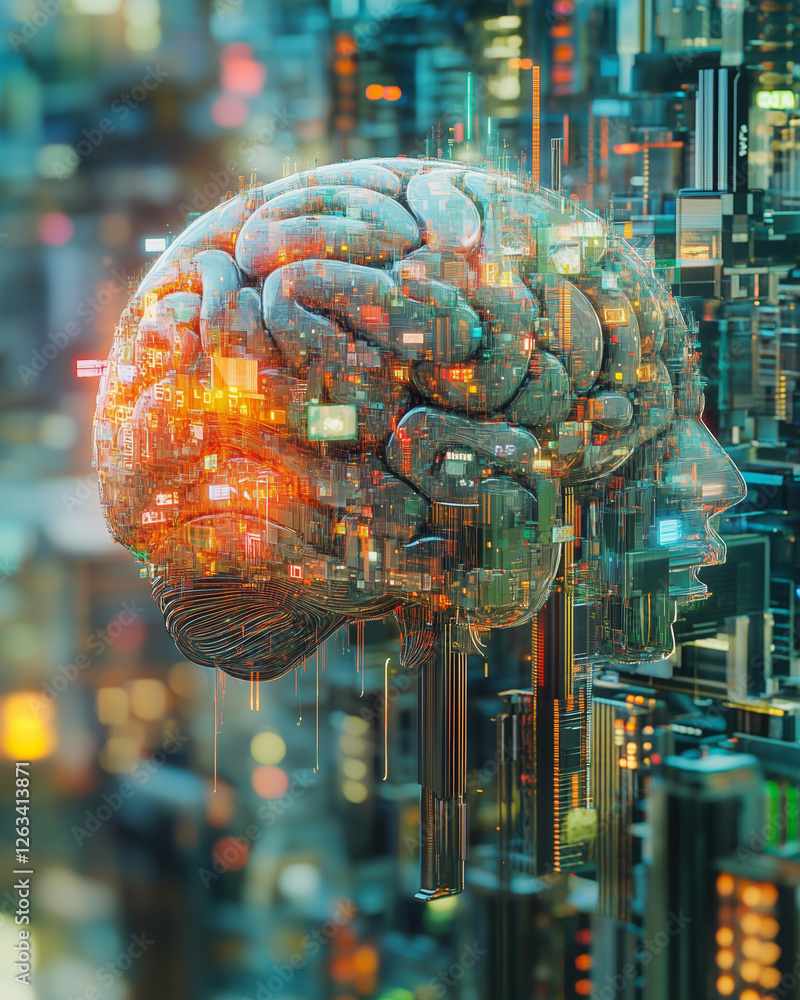 Poster Floating tariff numbers create a brain structure amidst a vibrant cityscape