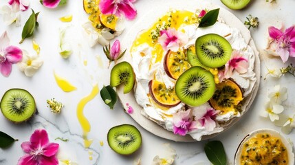 Deconstructed Pavlova cake dessert. Crisp, airy meringue base with green kiwano slices, passion fruit, coconut milk cream, edible flower petals