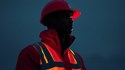 Obraz premium Red hard hat worker night portrait serious gaze