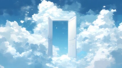 Open door in clouds, leading to a bright sky.