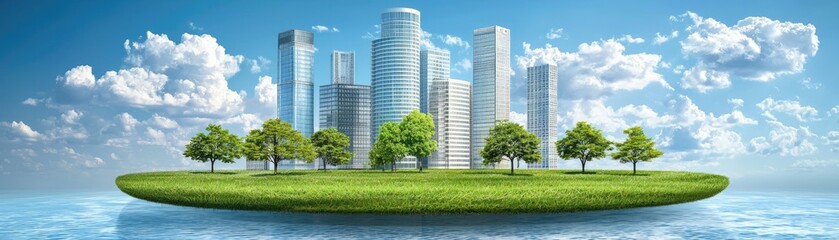 Green city island, eco-friendly urban landscape,  sustainable future, blue sky