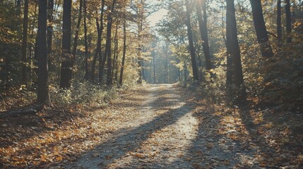 Obraz premium Golden leaves blanket the forest path, illuminated by soft sunlight. Trees stand tall on either side, creating a serene atmosphere perfect for a peaceful afternoon stroll