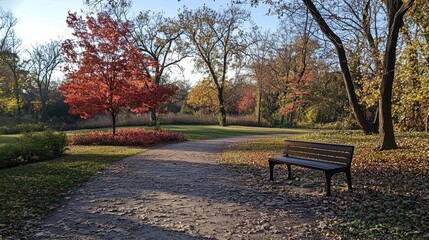 Fototapeta premium A peaceful park path surrounded by vibrant autumn foliage. A solitary bench invites visitors to pause and enjoy the beautiful fall scenery during late afternoon