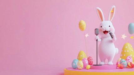 A whimsical bunny figurine holding a microphone on a colorful cake, announcing Easter celebrations with festive decorations.