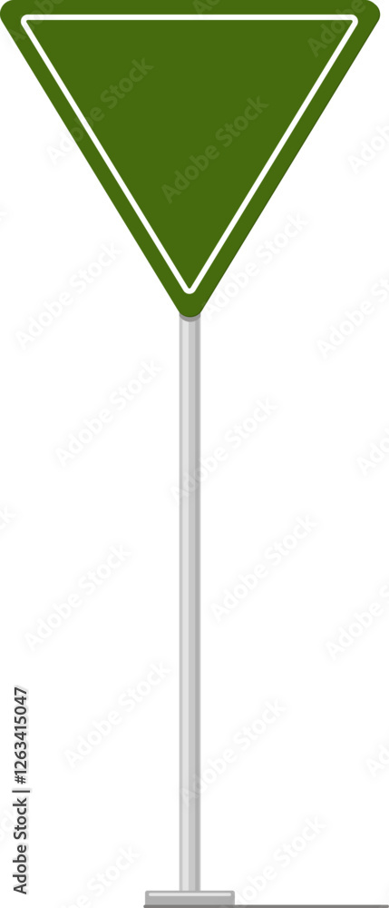Poster green triangular road sign featuring a white frame, positioned on a pole against a white background,