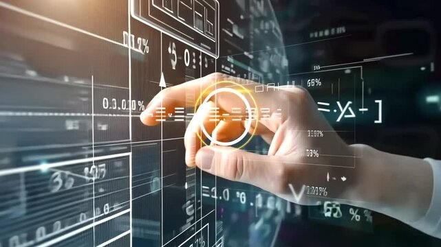 A hand reaches for a digital board displaying complex charts and numbers, symbolizing data analysis and technological advancement. This image captures the essence of innovation in a data-driven world