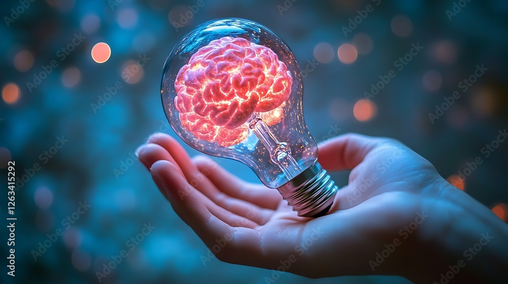 Poster glowing brain inside a lightbulb held gently in a person's hand against a bokeh background.