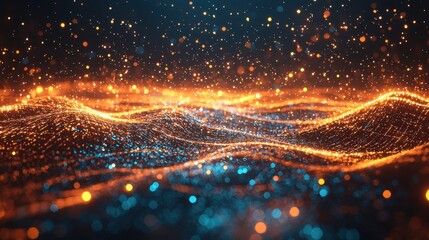 Fototapeta premium Colorful waves of light and particles create a mesmerizing abstract pattern, blending blues and oranges. This digital art evokes feelings of motion and energy in a vibrant atmosphere