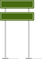 Two blank green road signs featuring white frames, positioned on sturdy metal poles, await the opportunity to convey essential information to drivers and pedestrians