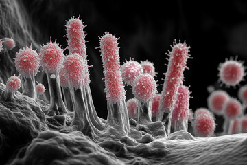 Generative AI illustration of microscopic bacterial forms showcasing vivid molecular structures and glowing effects