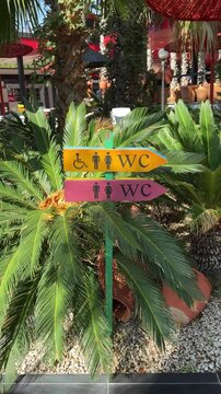 Signs pointing to men&rsquo;s and women&rsquo;s restrooms nestled among lush tropical palm trees.
